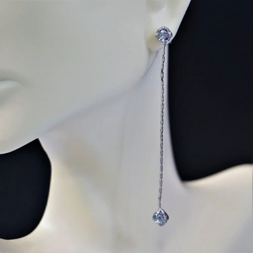 Crystal Rhinestones Silver Chain Dangling Drop Earrings 2.75" L